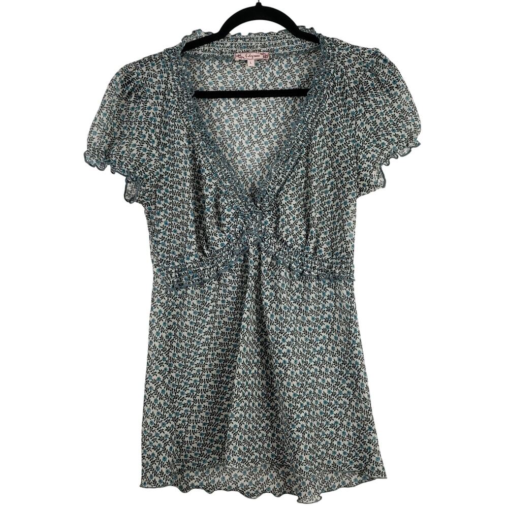 6 Degrees Size L Smocked Babydoll Peasant Blouse Blue Brown Ditzy Floral Y2K